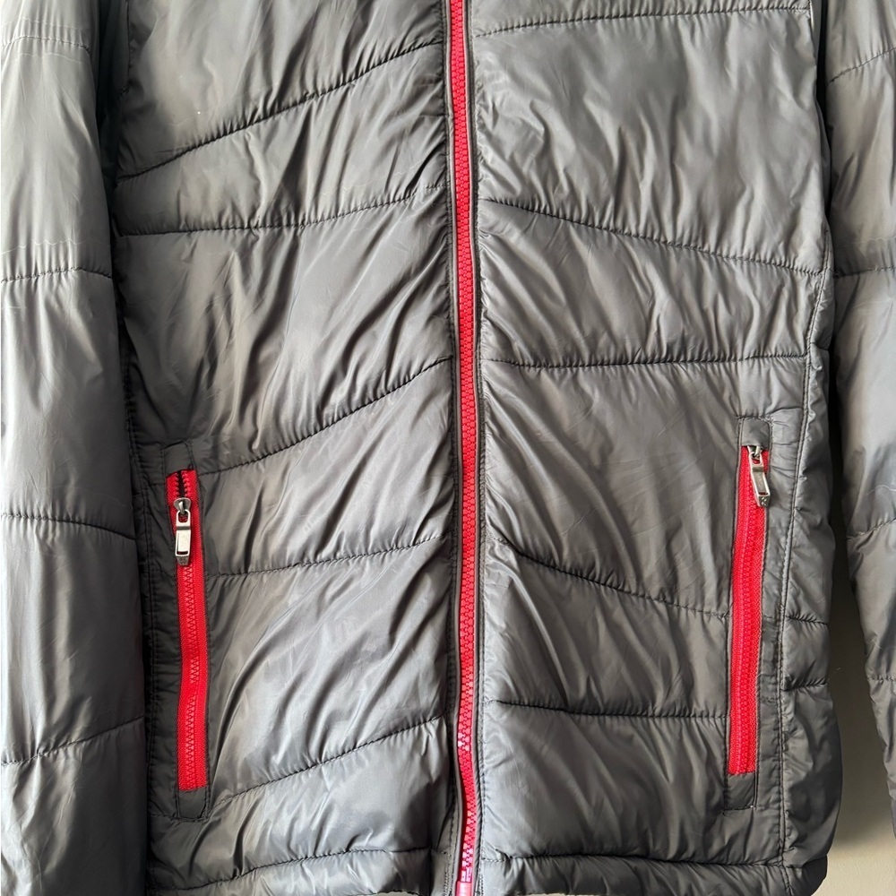 Spyder Men Charcoal and Crimson Puffer Jacket - Picture 2 of 14